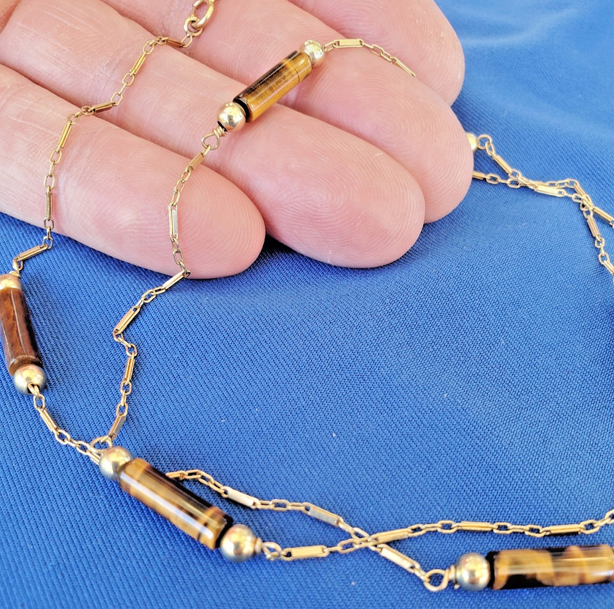 Vintage 14K GOLD Art Deco Tiger eye Statement Necklace Unique Antique Chain 28″