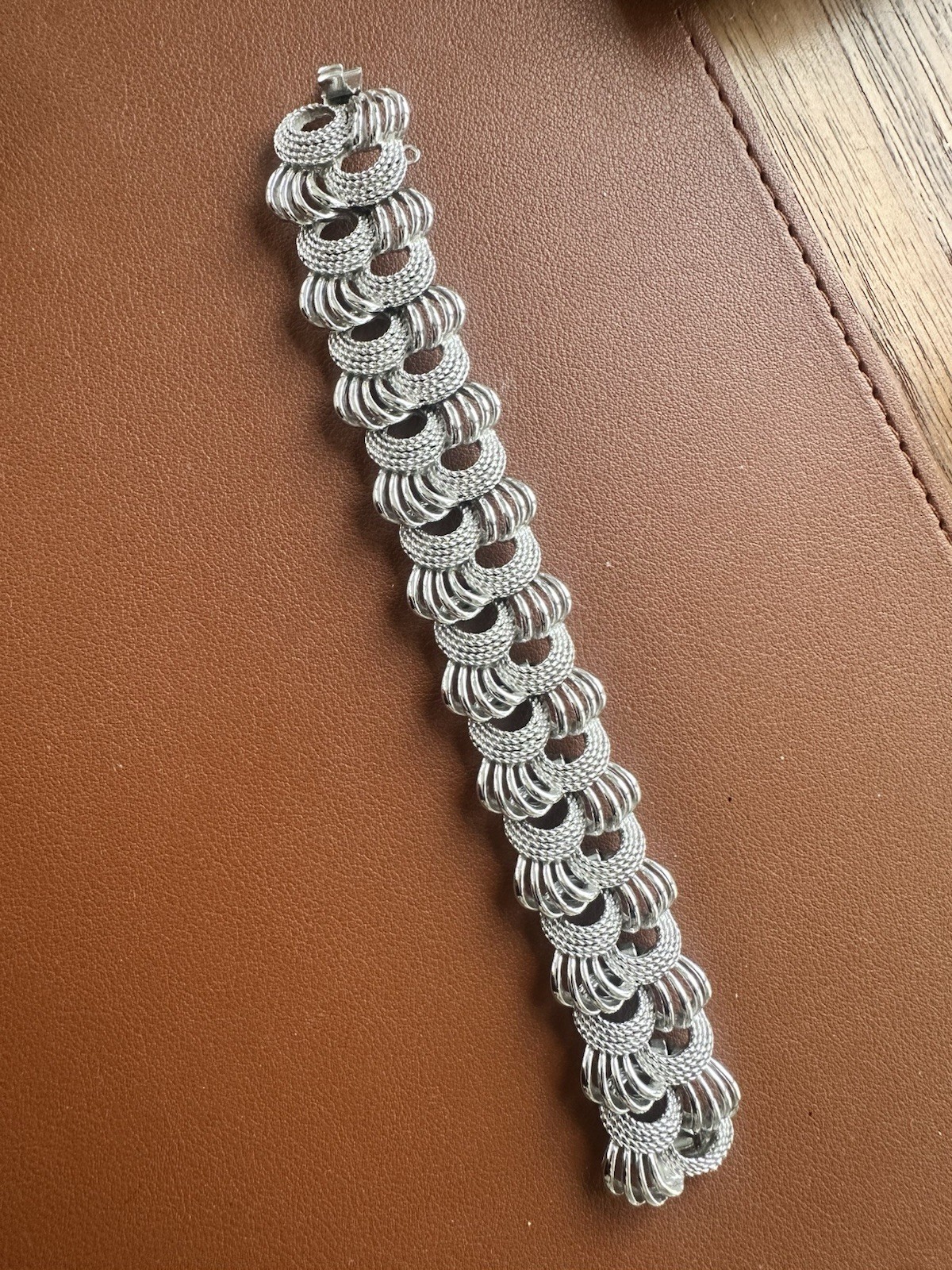 Vintage 60s Panel Link Bracelet Silver Tone Textured Rope Look 7”