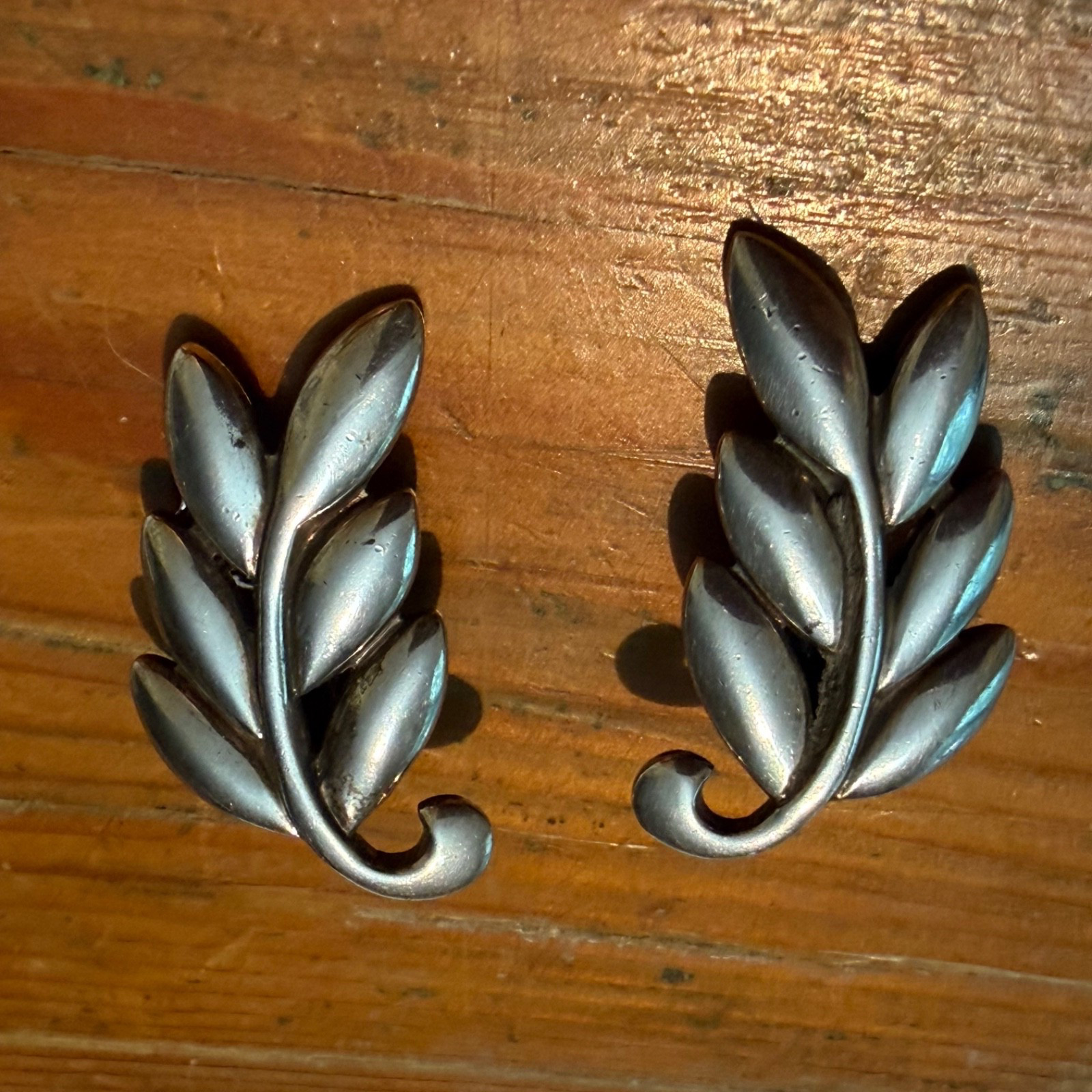Vintage Mid-Century Danecraft Leaves Fronds Sterling Silver Earrings Signed