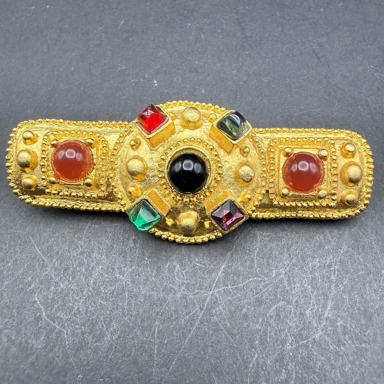 Vintage Gold Tone Multi-Color Cabochon & Faceted Glass Bar Brooch 2.5” Statement