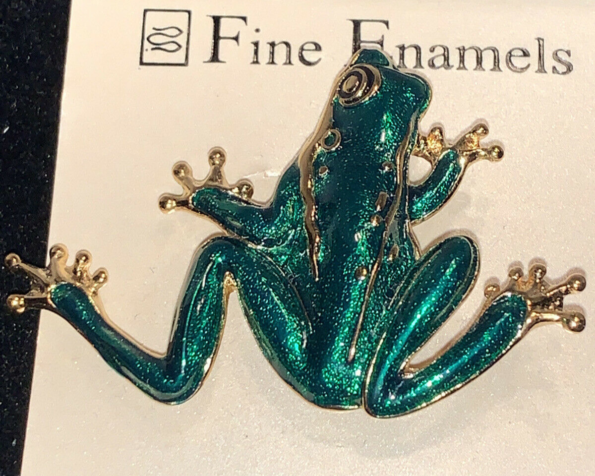 Gold Tone Emerald Green Enamel Frog Pin Fashion Brooch by Fine Enamels