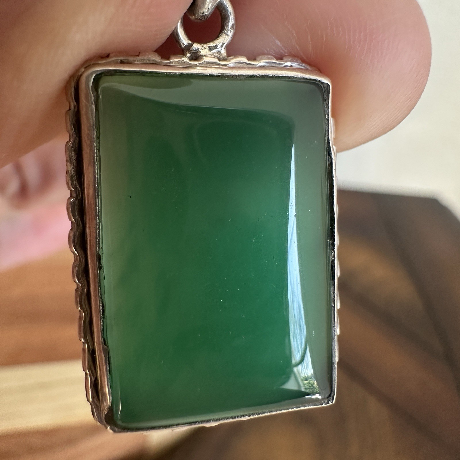 Vintage Artisan Pendant 1.5 Inch Green Transparent Gem Onyx 925 Sterling 6.7g