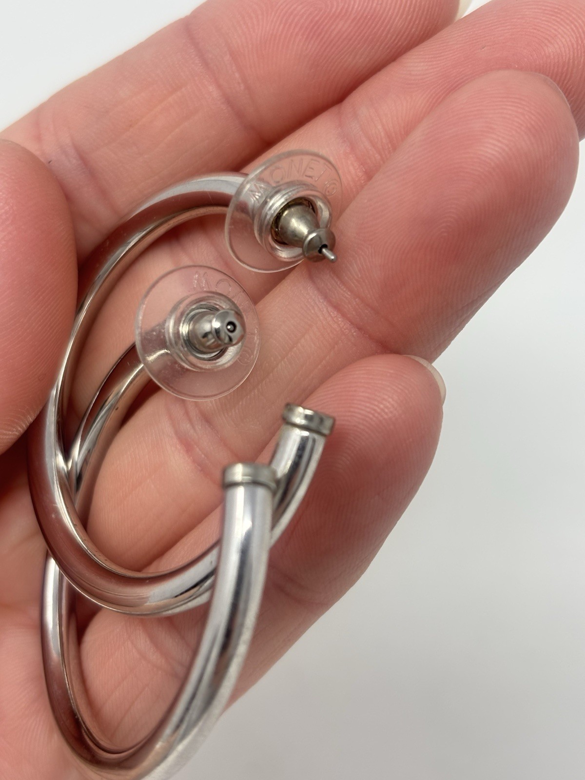 Vintage 90’s MONET Large Tube Hoop Earrings Silver Tone 4mm