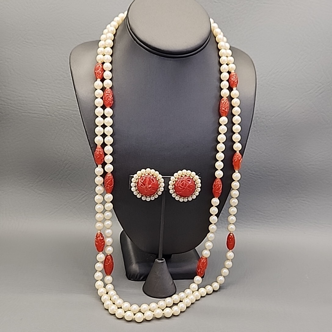 Vtg Bead Necklace Earrings Faux Pearls Layered Peach Art Glass Hong Kong 31″