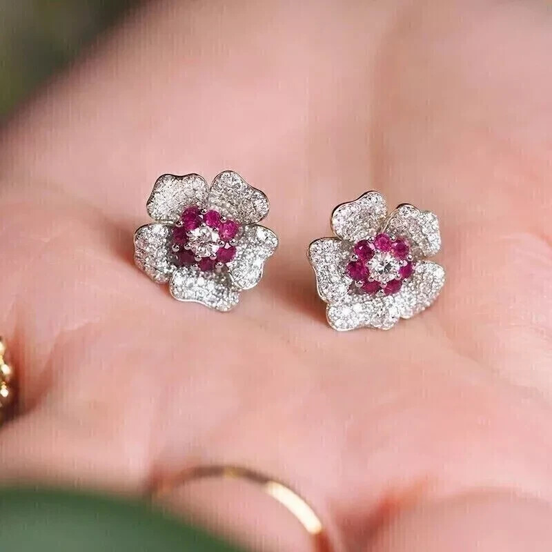 Art Deco Style Ruby & Lab Created Diamond Flower 14k White Gold Finish Earrings