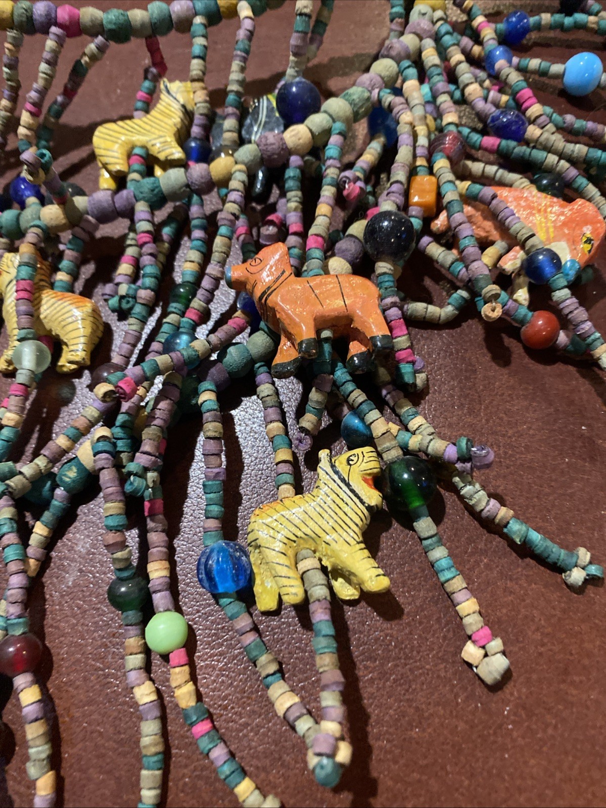 BOHO African Multi Strand Statement Necklace Wooden Carved Animals Fringe Beads