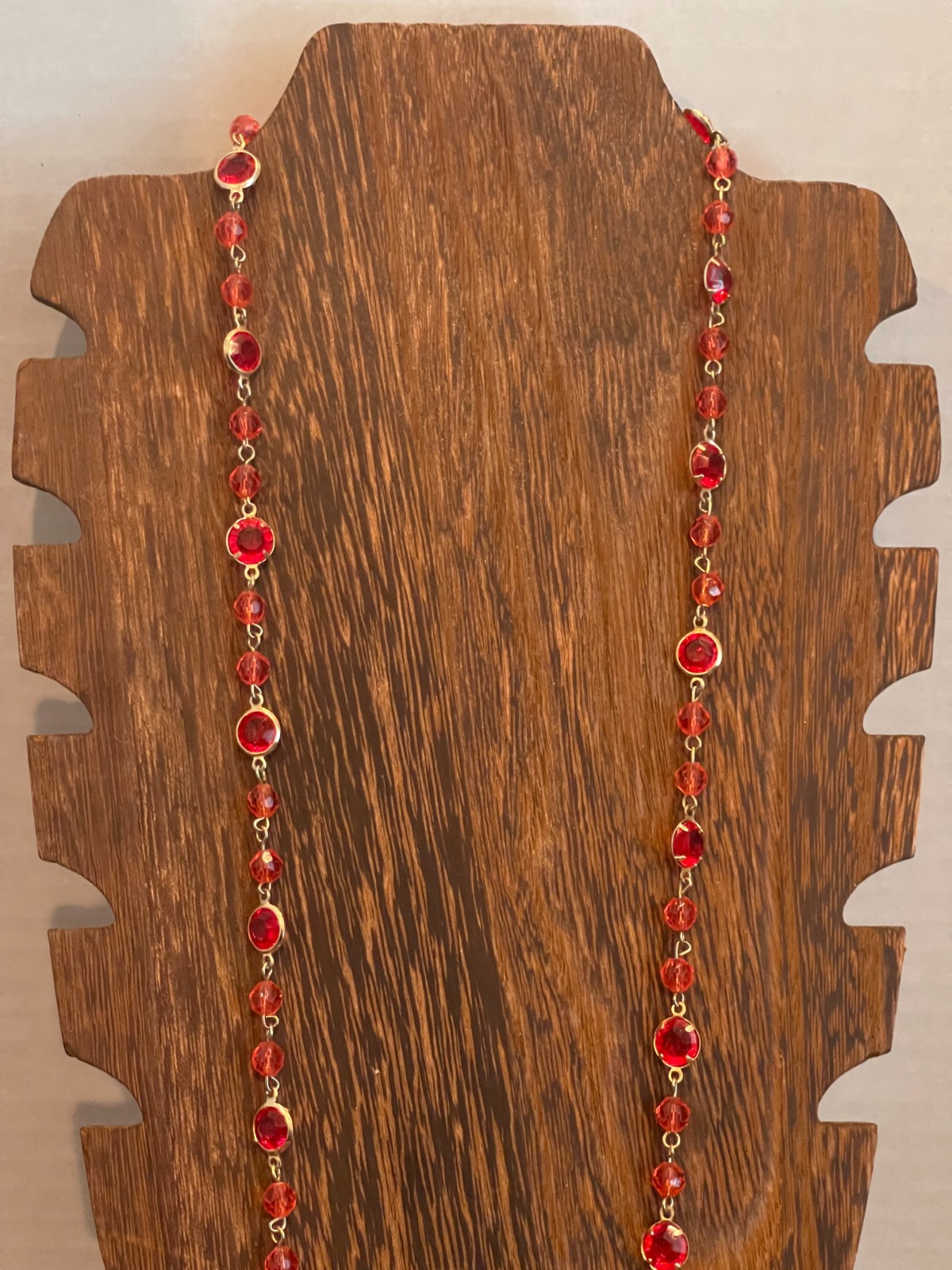 Vintage Long Open Bezel Red Plastic Lucite Necklace Gold Tone Chain