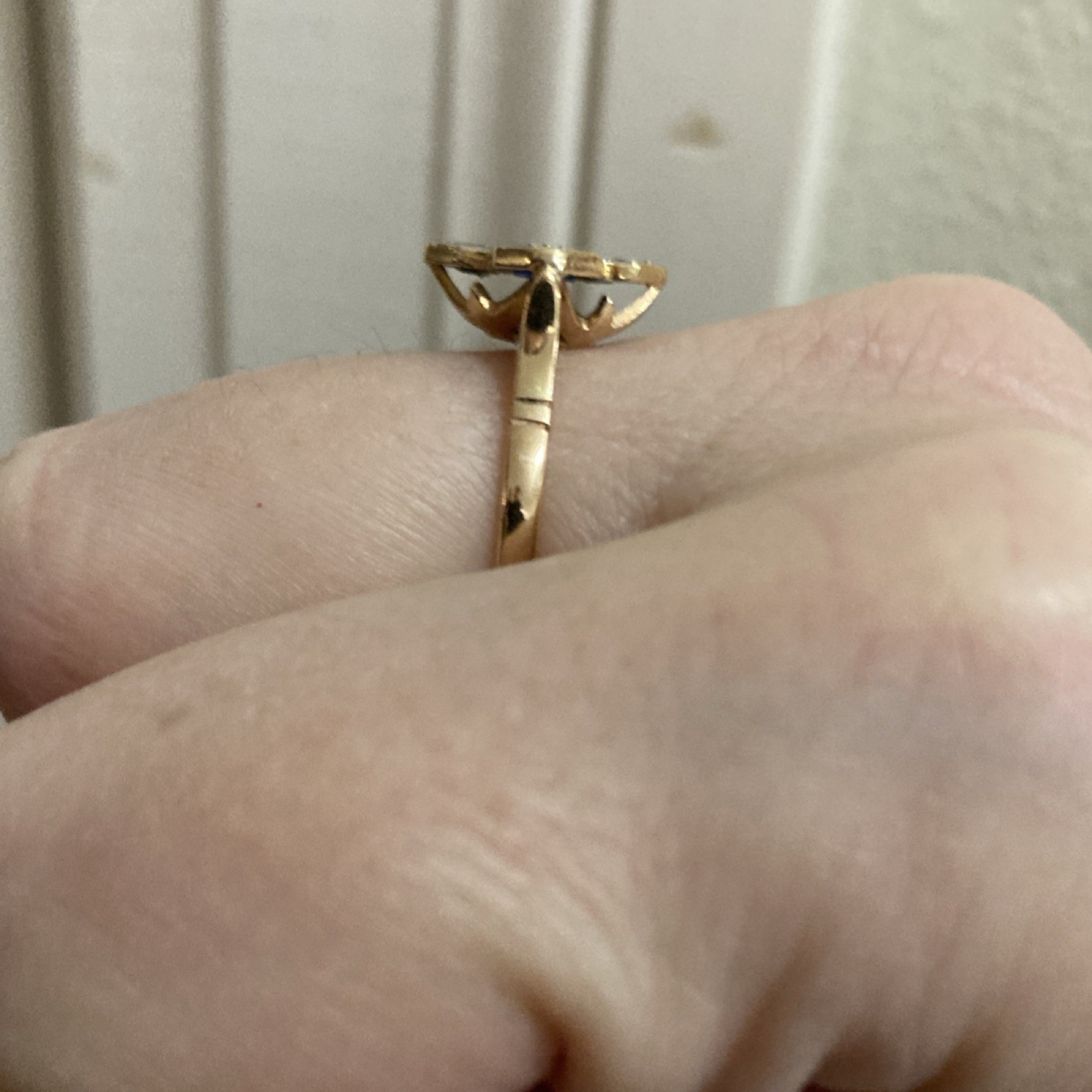 Antique Gold Cocktail Ring with Square Diamond and Blue Sapphire Accents