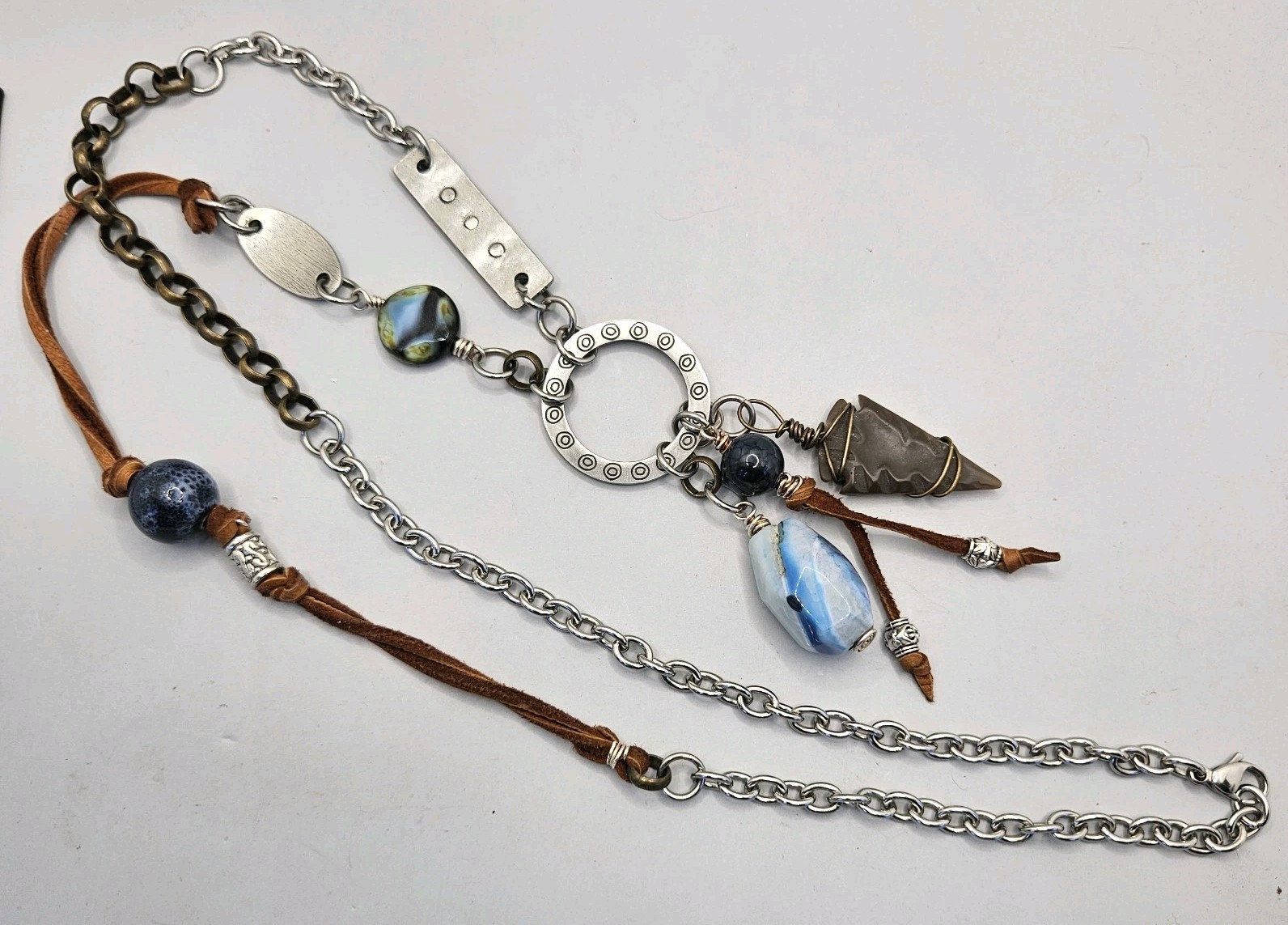 Silver Boho Pendant Necklace Cord Mixed Metals Beaded Arrow Head Stone Charms