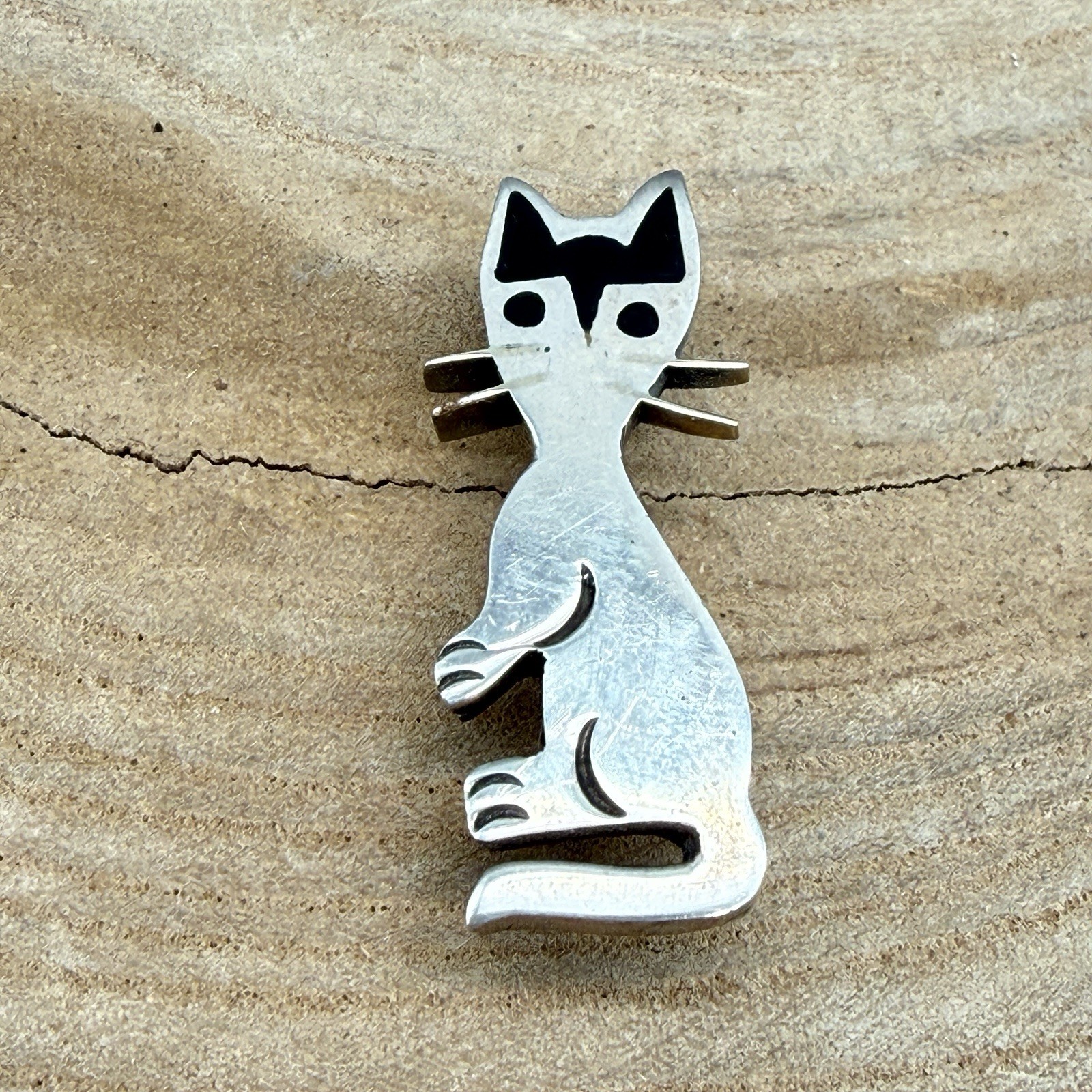 Vintage Mexico 925 Sterling Silver Cat Brooch Modernist Kitty Pin Cat Lovers