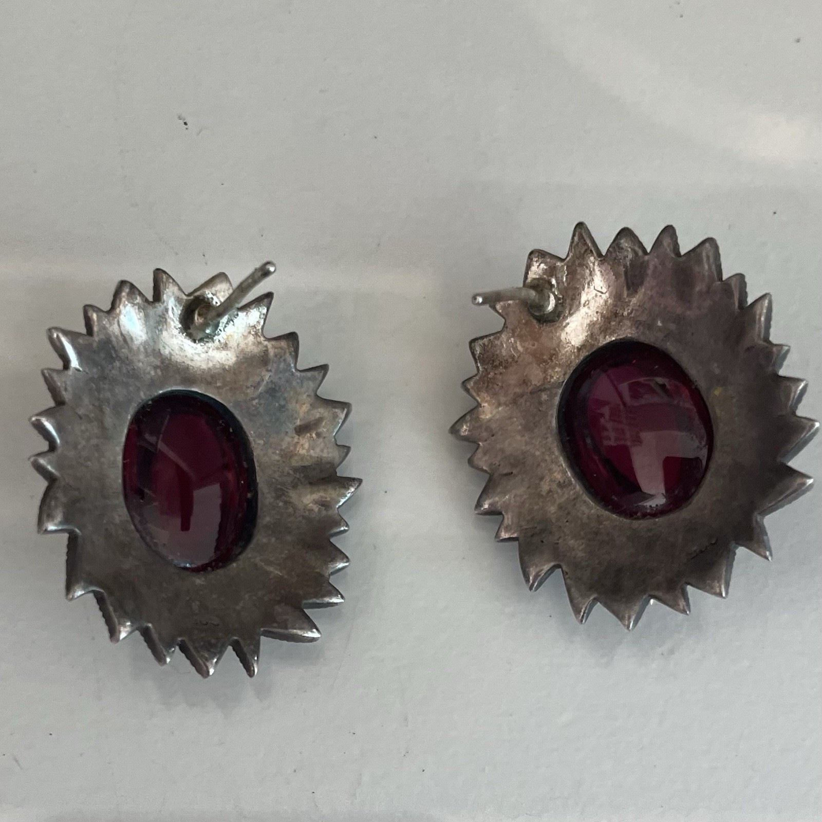 Vintage Ruby Red Cabochon Marcasite Style Statement Earrings Silver Tone ArtDeco