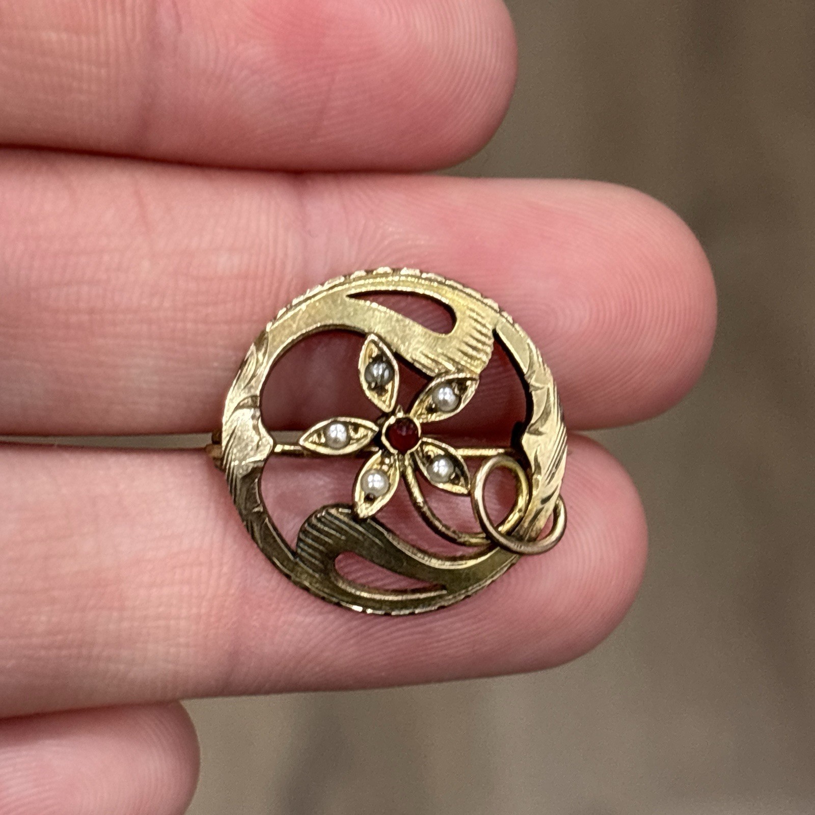 Antique Victorian Gold Filled Brooch Pin Flower Faux Seed Pearl Vintage Signed
