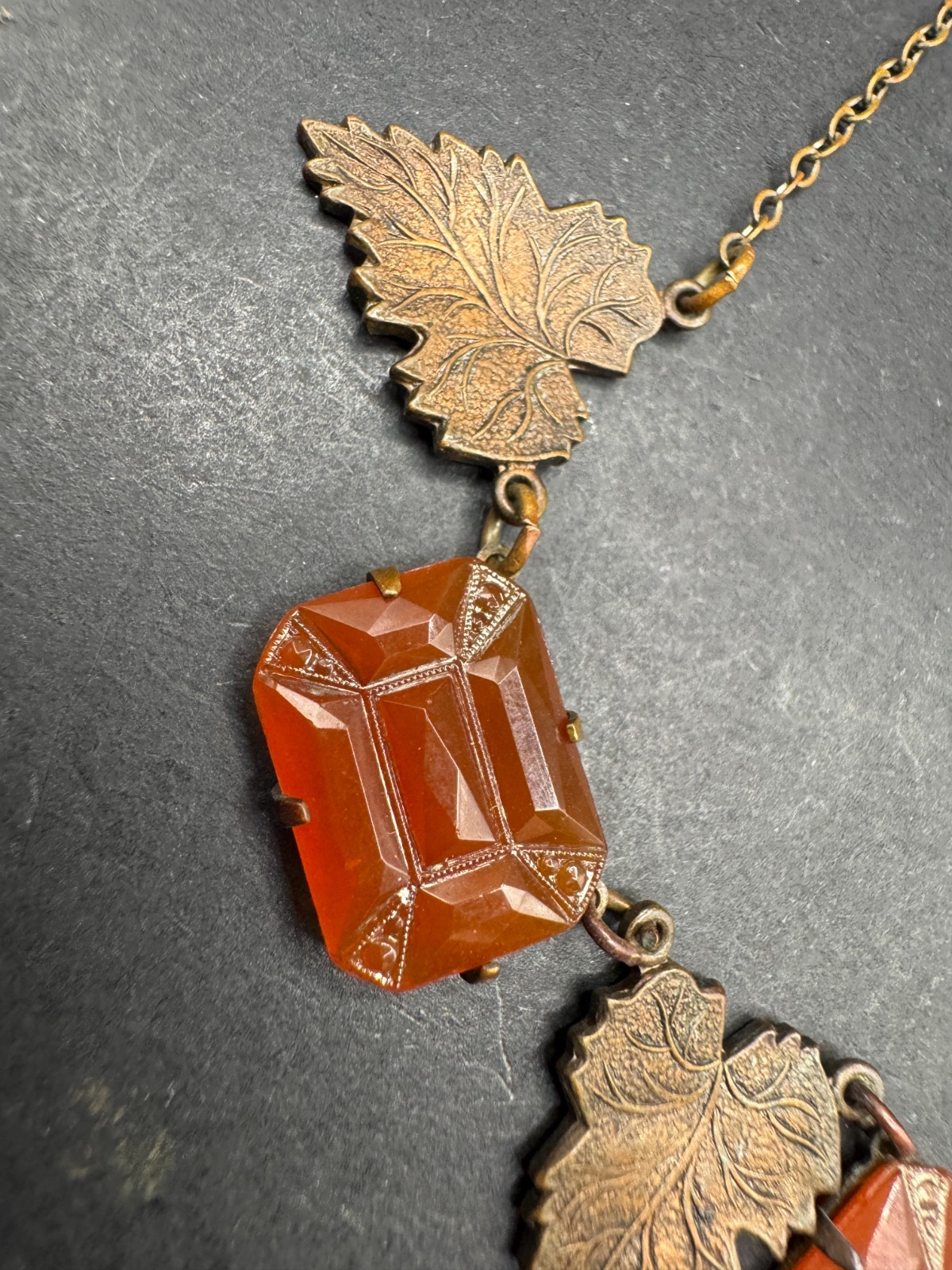 Art Deco Carnelian Glass & Leaf Necklace Brass
