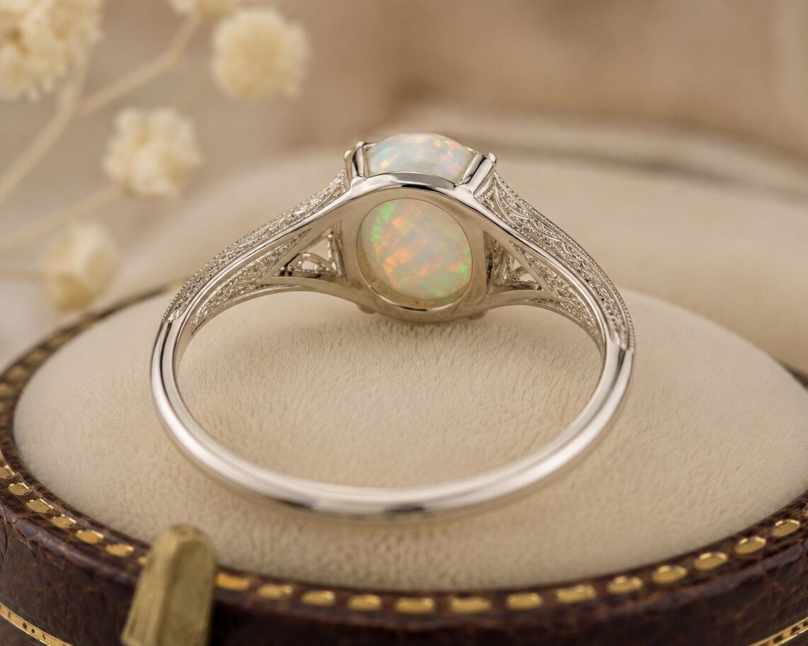 Natural Ethiopian Opal Ring Vintage Engraved Ring 925 Sterling Silver Oval Opal