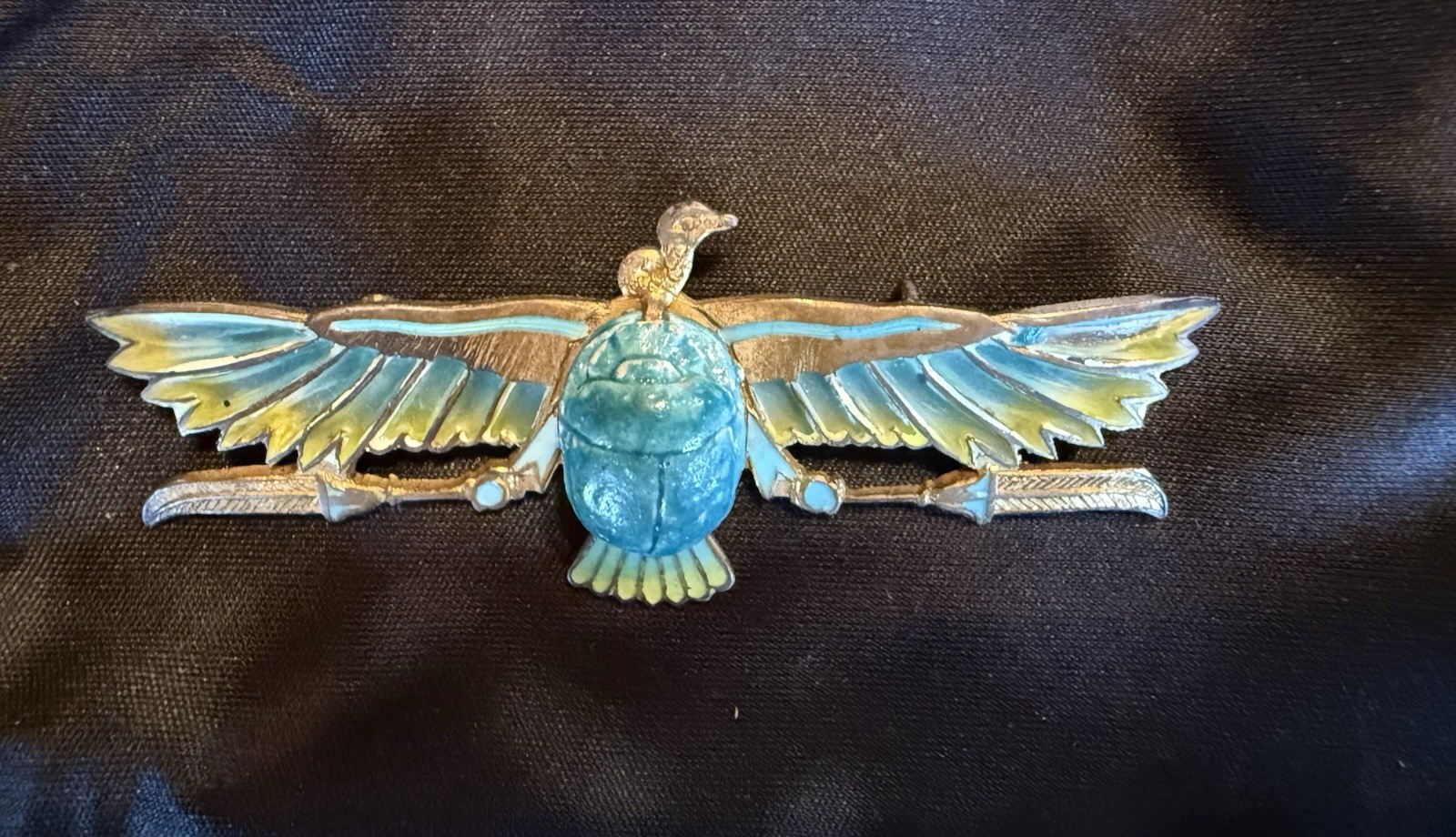 Revival Plique-à-jour Bird, winged scarab stone Brooch pin. Art Deco, Egyptian