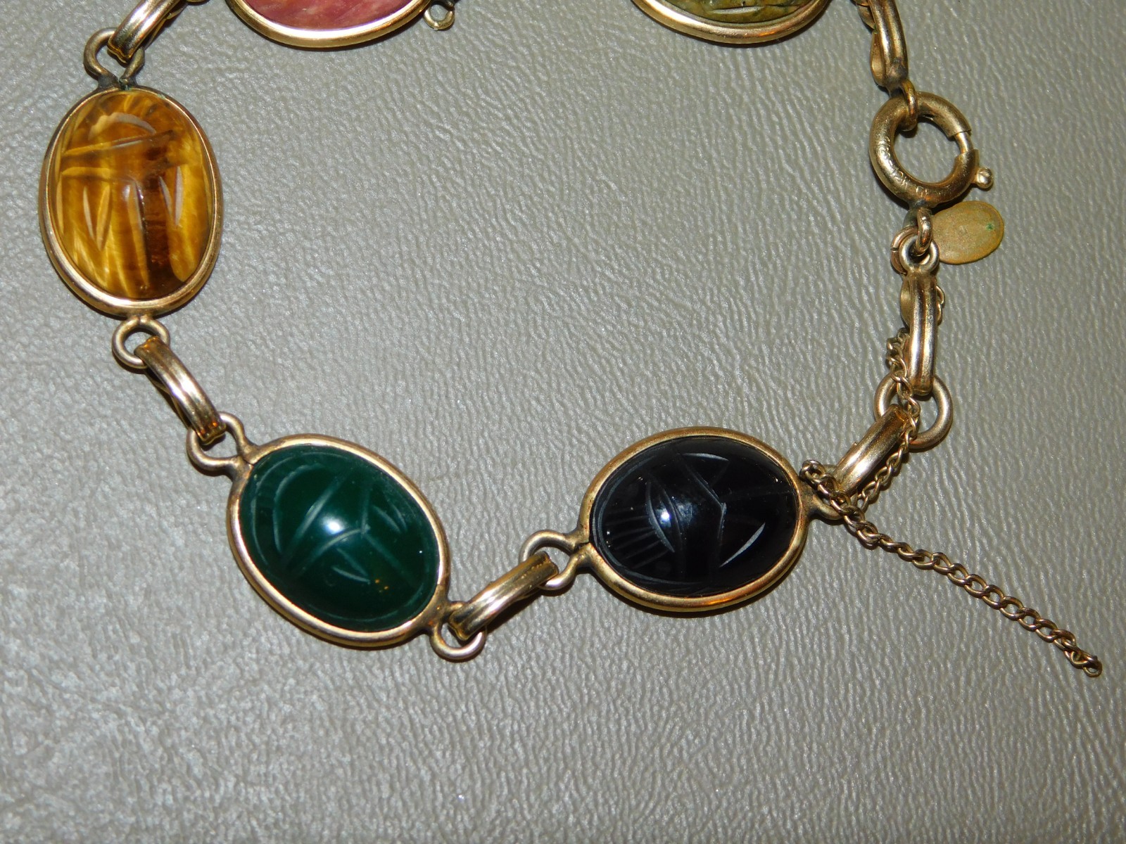 Bal-Ron Signed 5 Multicolor Scarab Link Bracelet 1/20 12k GF 7.50” L Vintage