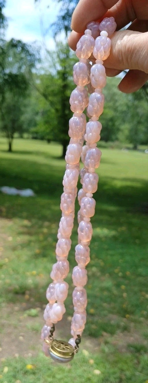 ANTIQUE MOLDED BERRY OPAL MILKY PINK OPALINE GLASS BEAD FLAPPER NECKLACE SET 3ft