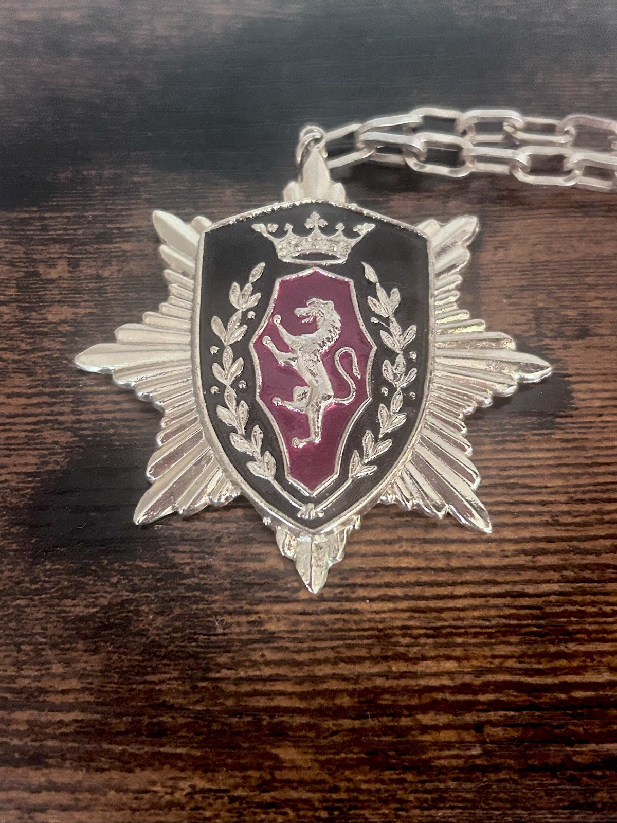 Vintage Crest Shield Lion Pendant Chain Necklace With Red Enamel Accent