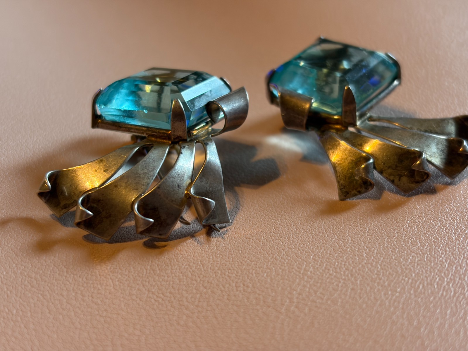 Vintage Art Deco Sterling Silver Emerald Cut Blue Topaz Drop Earrings