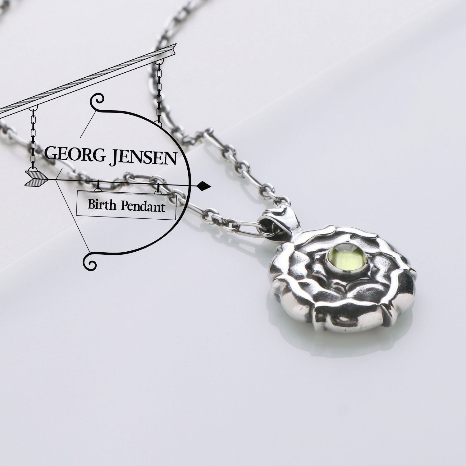 Georg Jensen Vintage August Birth Pendant Necklace Peridot Silver 925 w/ Box