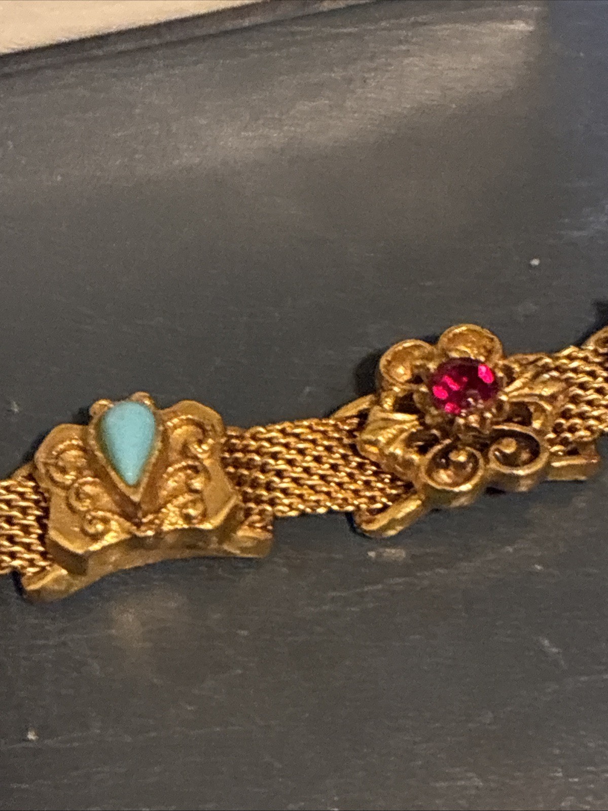Vtg FLORENZA Victorian Revival Style Slide Bracelet Mesh 7 Embellished Slides 7”