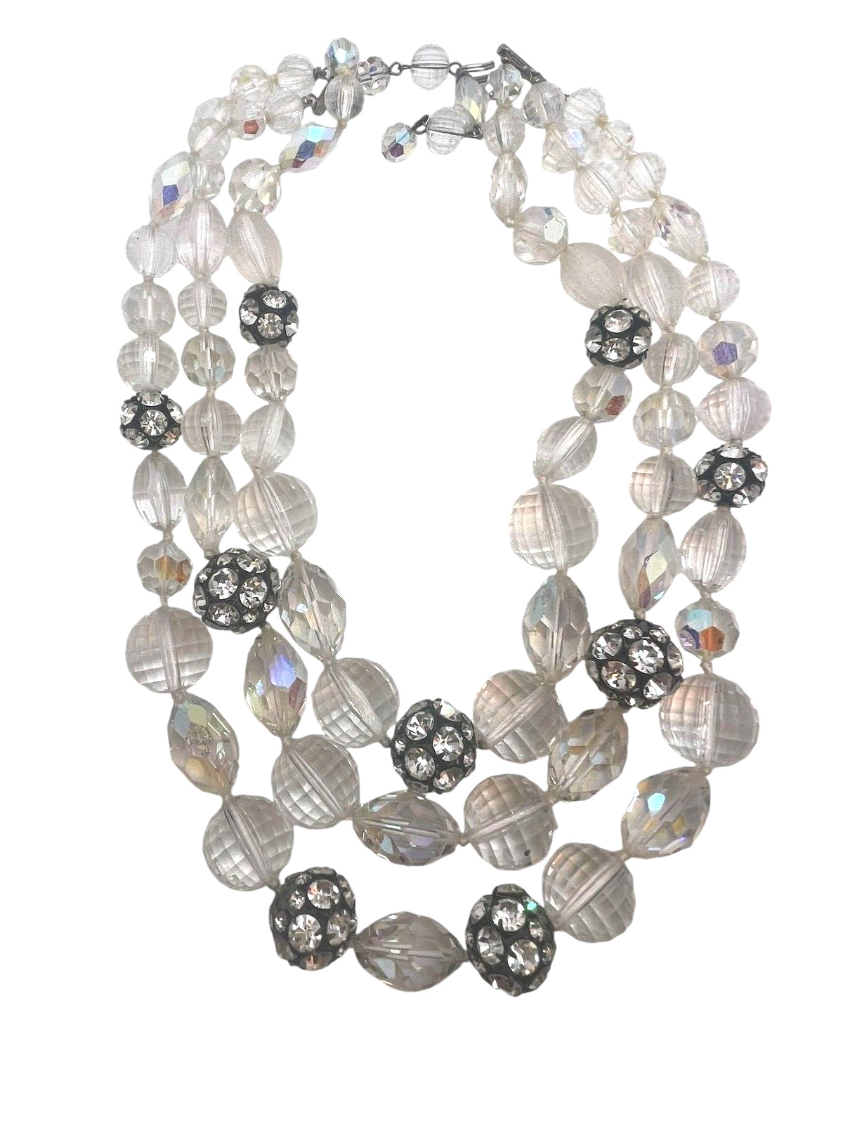 Vintage Multi-Faceted Lucite & Crystal Beads, and Rhinestone 3 Strand Necklace