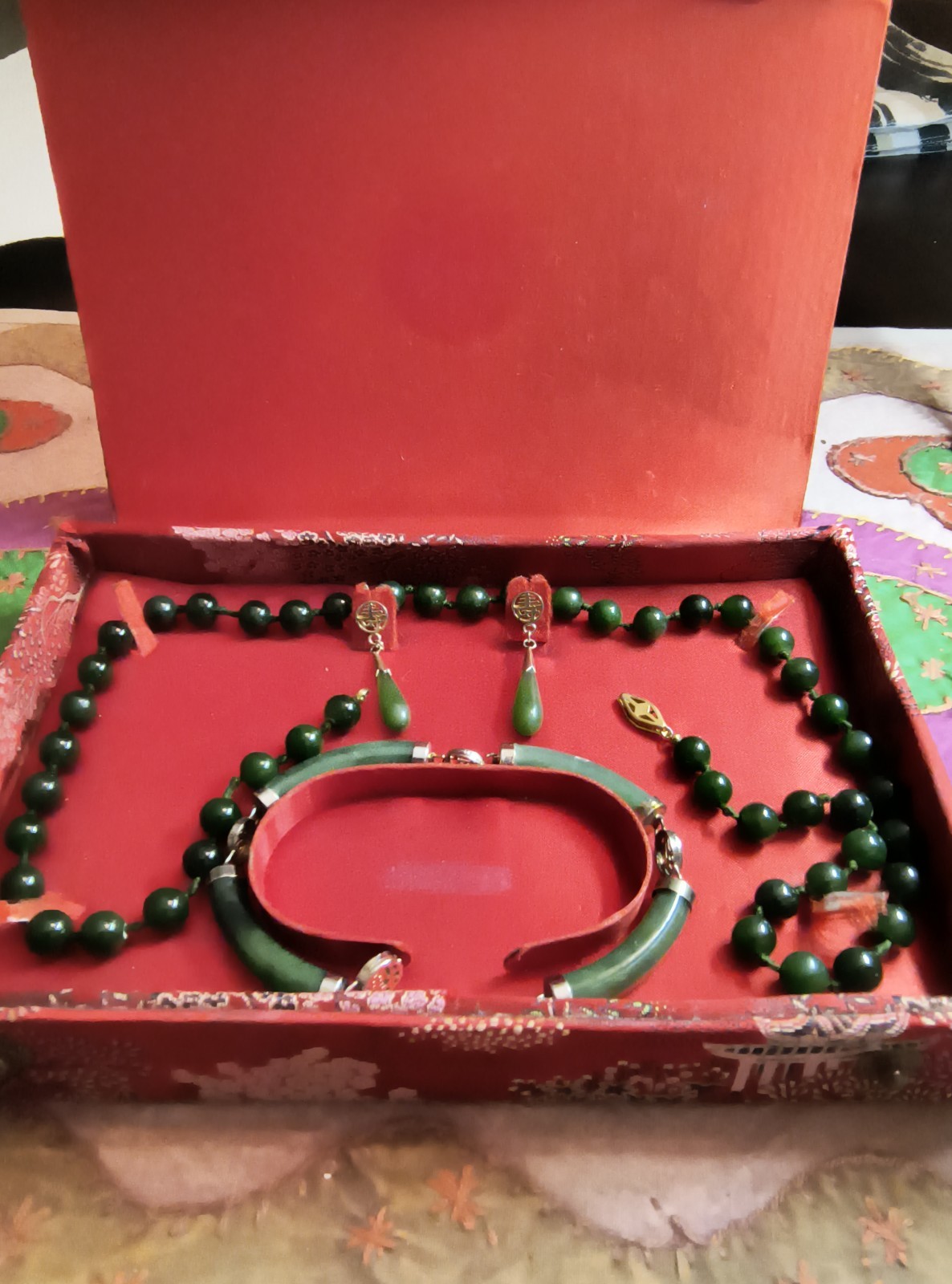 1950s Vintage Jade Jewelry necklace bracelete earring old 14k Gold Plate Setting