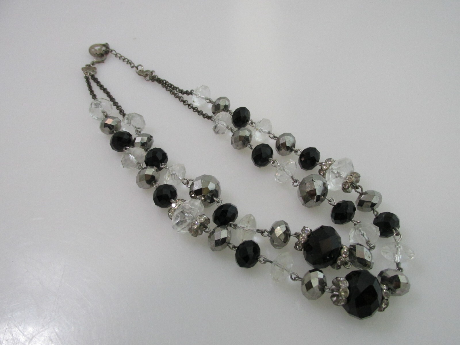 Crown Trifari Faceted Beads Necklace Blk Crystal Clear Rhinestone Double Strand