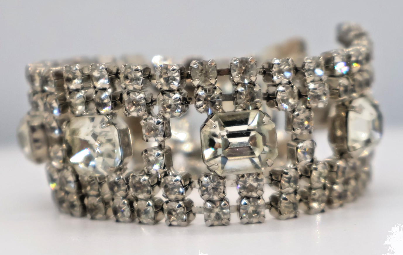 Vintage Rhinestone Bracelet w/ Multiple Rows of Rhinestones & Large Square Ones