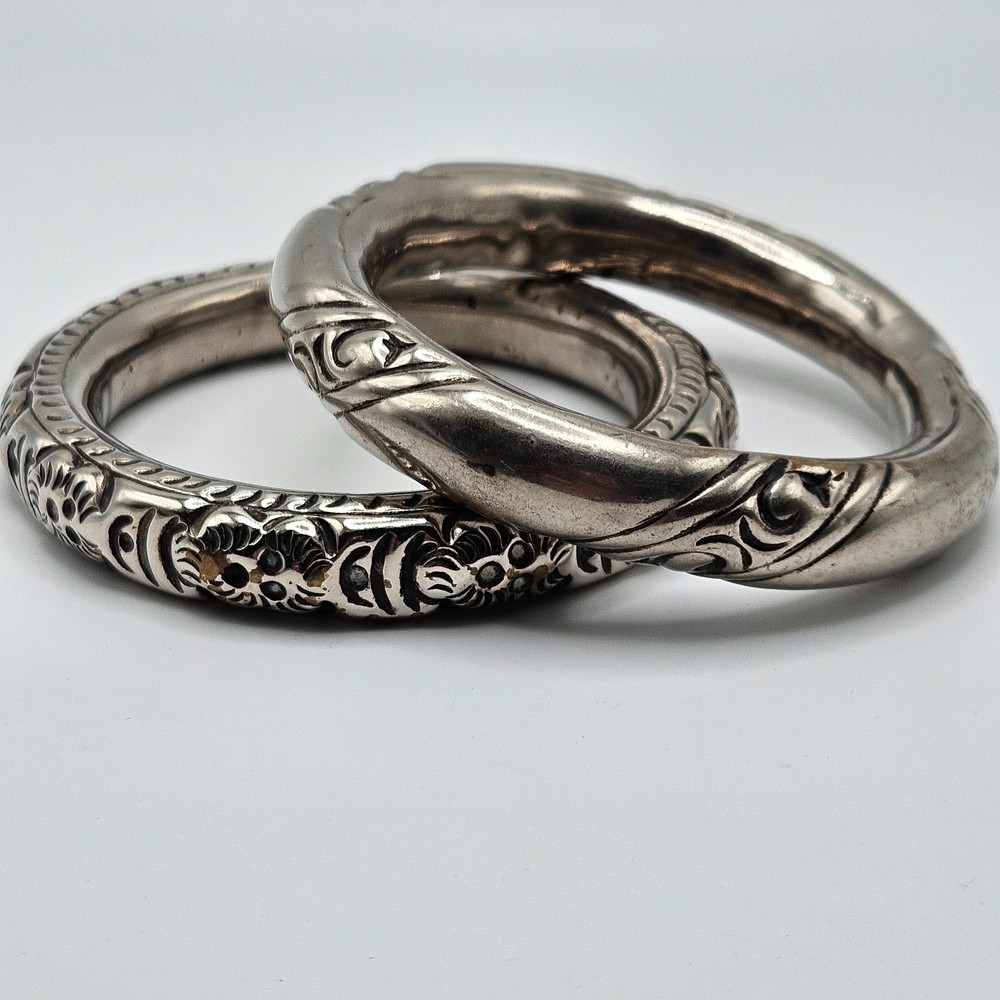 VINTAGE Silver Plated Engraved Chinese Export Rattle Wedding Bangle Bracelet Set