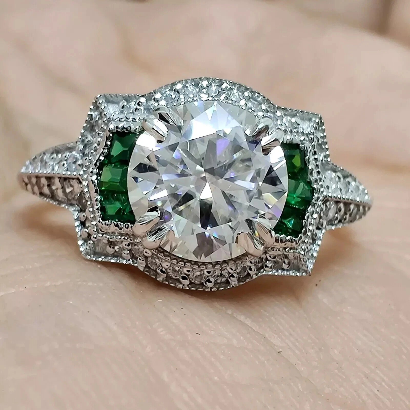 2.85Ct Vintage Lab Created Diamond & Emerald Engagement 14k White Gold FN Ring