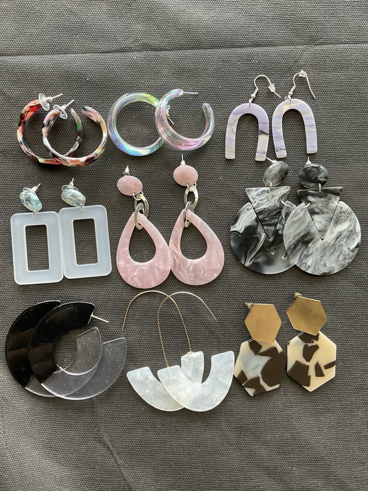 Lot Of 9 Pairs Acrylic Plastic & Resin Earrings Vintage Style To Modern Colorful