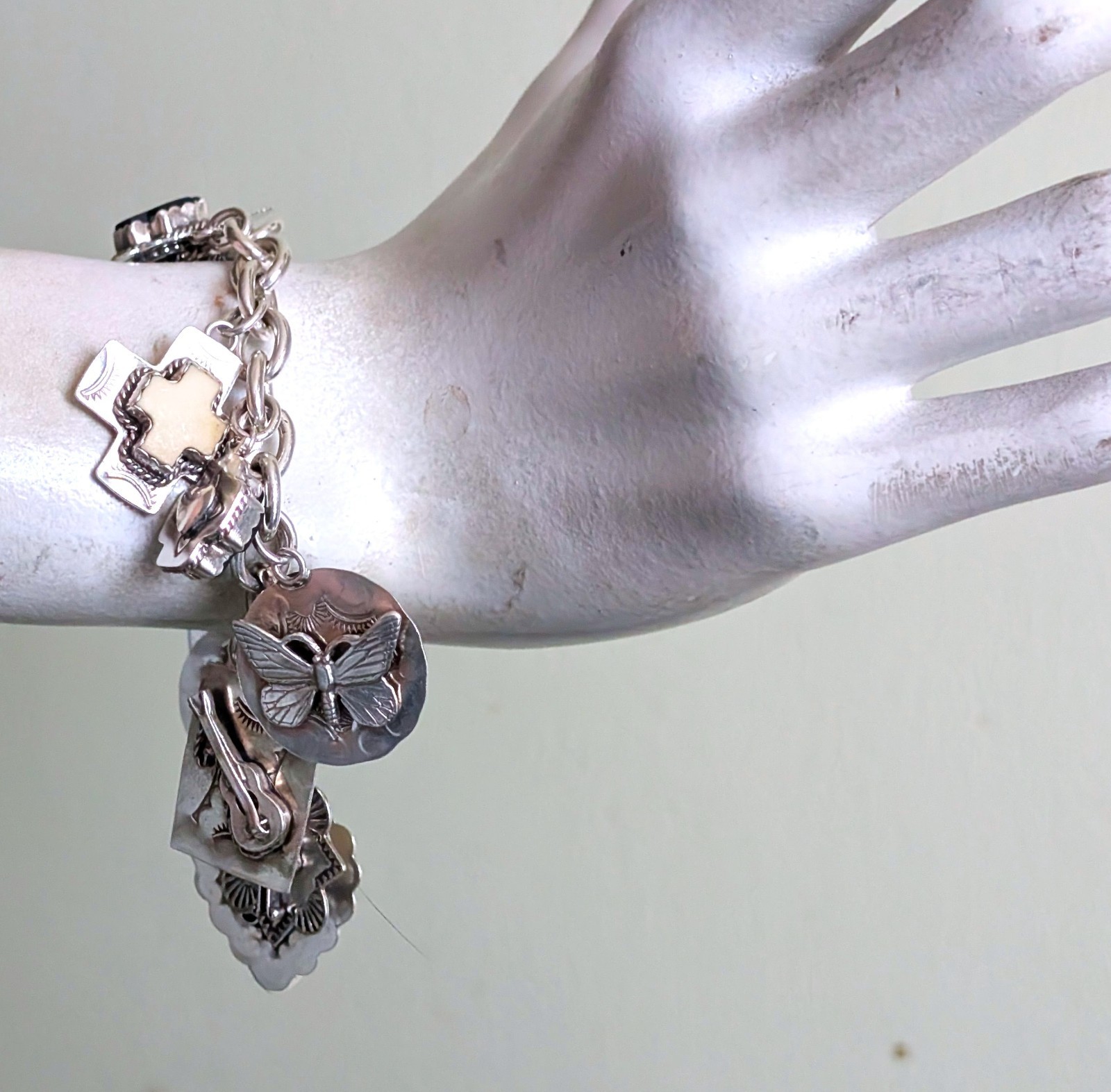 Joan Slifka Sterling 925 Heart Angel Cross Love Luck Charm Two Sided Bracelet