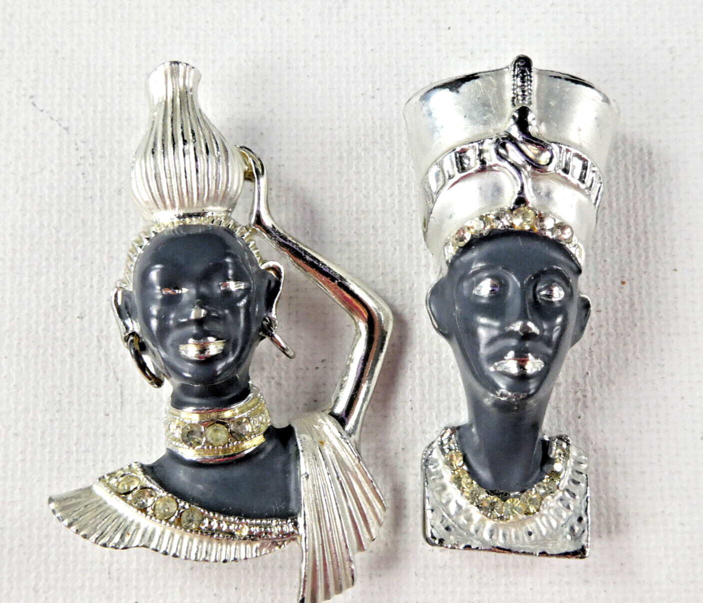 Vintage African Ethnic Pair Pin Brooch Set of 2 Gray Enamel Faces Crystal
