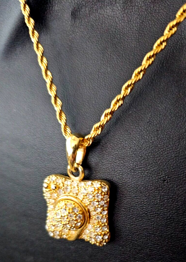 Gold tone Rhinestone Pendant Rope Chain Necklace 22″