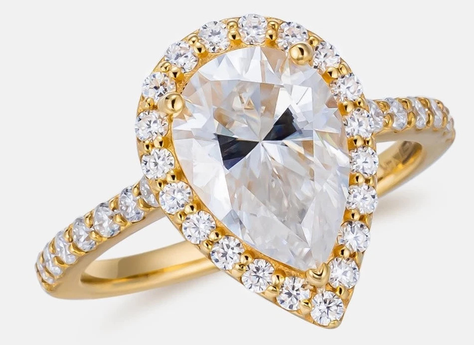 Pear & Round Cut 3.00TCW White Moissanite Women’s Halo Ring In 10K Yellow GoldFN