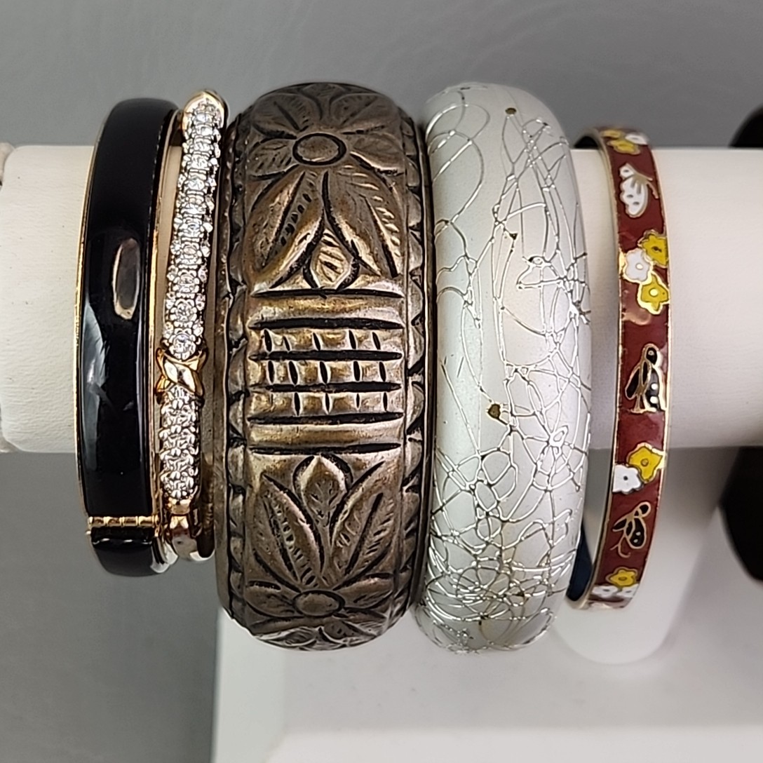 Vintage Bangle Bracelet Lot of 9 India Enamel Brass Rhinestone Hinged Wood