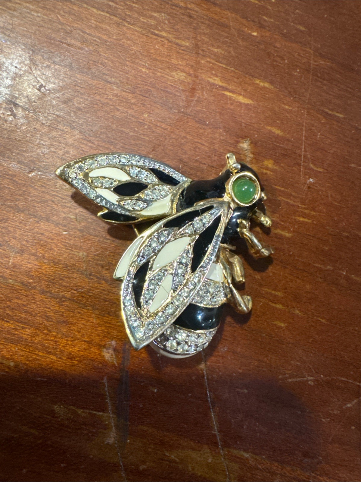 Vintage Kenneth J Lane Bee Brooch Black & White Enamel, Crystals, Green cabochon