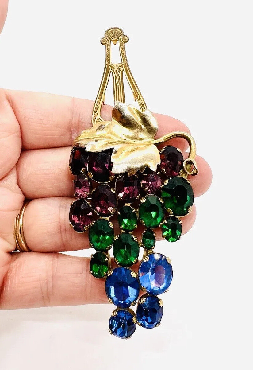 Art Deco Multicolored Rhinestone “Fruit Salad” Dress Clip 3 Inch Vintage Jewelry