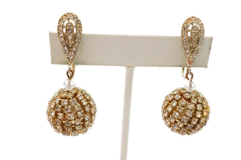 Vintage Clip On Earrings Gold Tone Rhinestone Ball