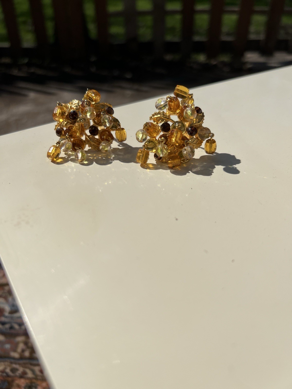 Vtg Clip Cluster Czech Amber Faceted Glass Gold Tone Earrings