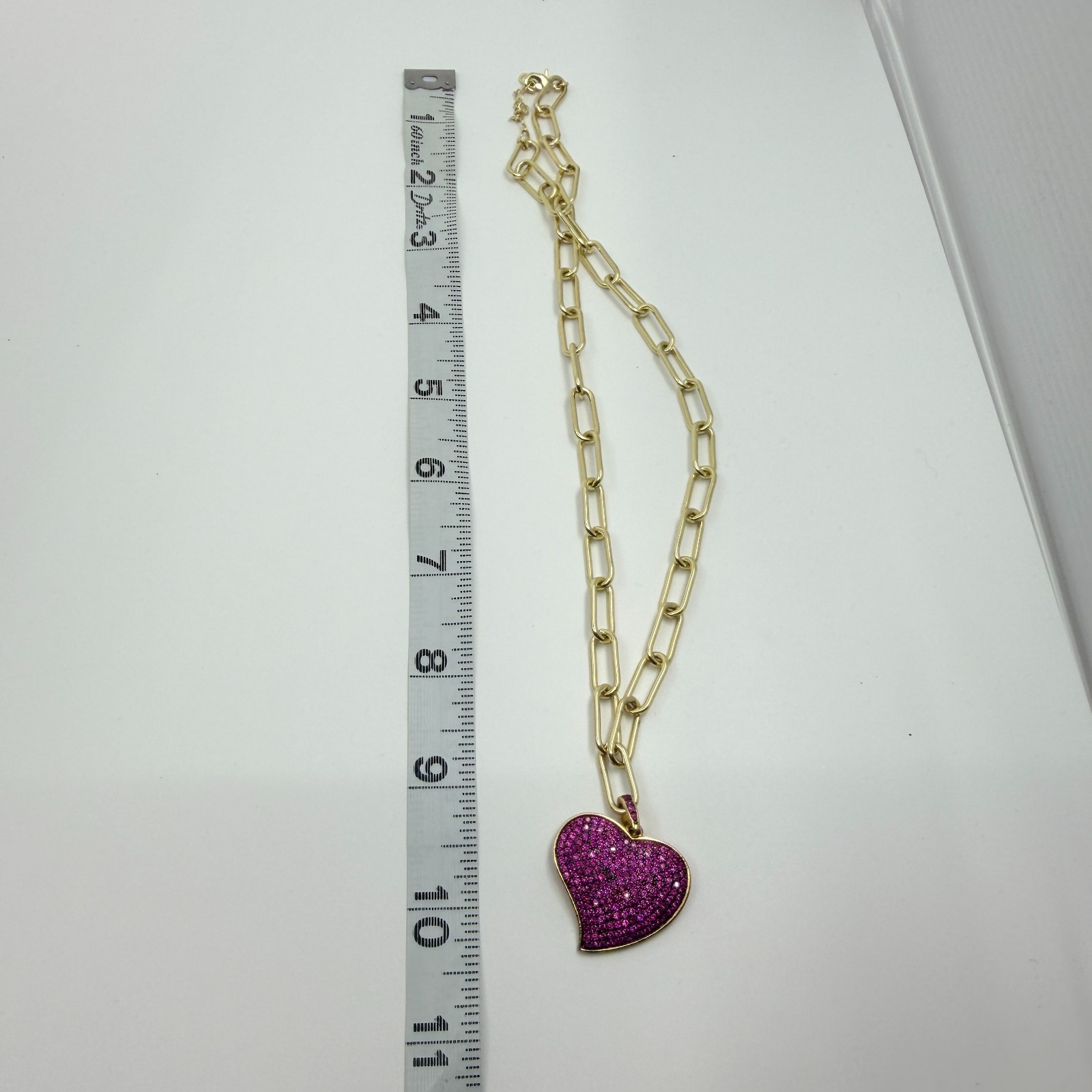 Gold Tone Red Pave Rhinestone Heart Pendant Paperclip Chain Necklace Statement