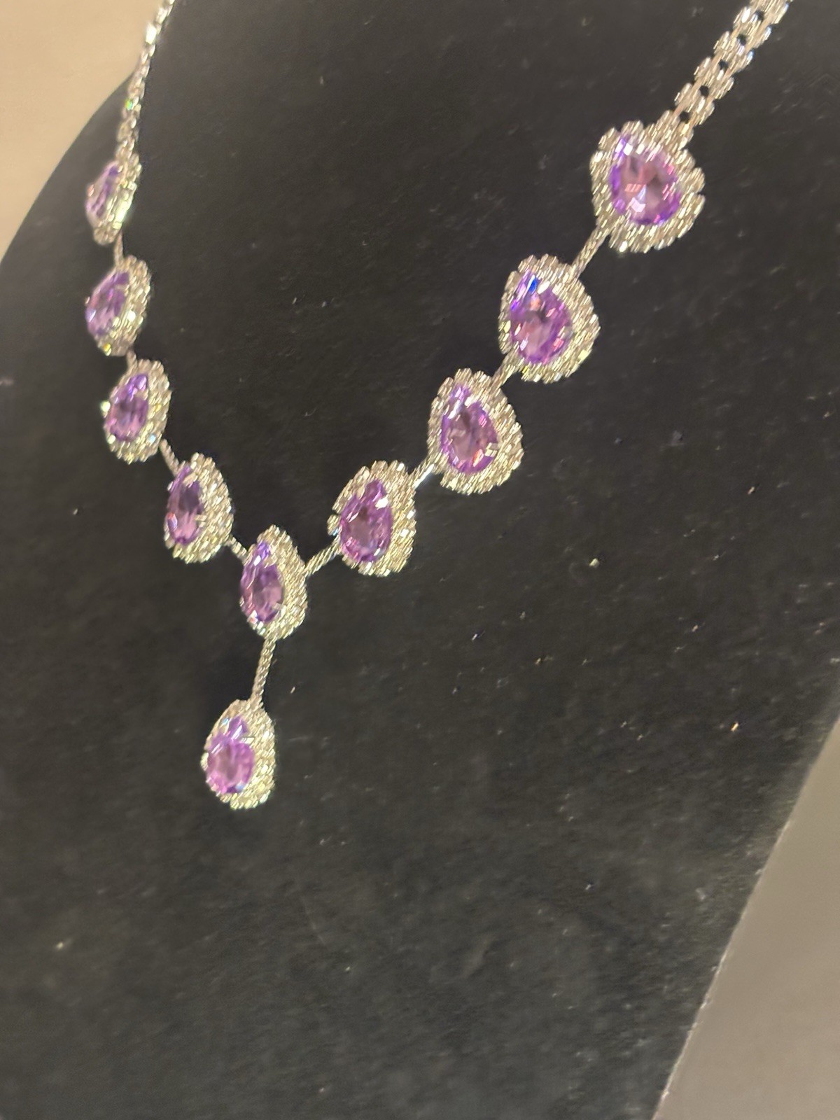 Vintage Purple Rhinestone Silver Tone Necklace, with earrings- breathtaking