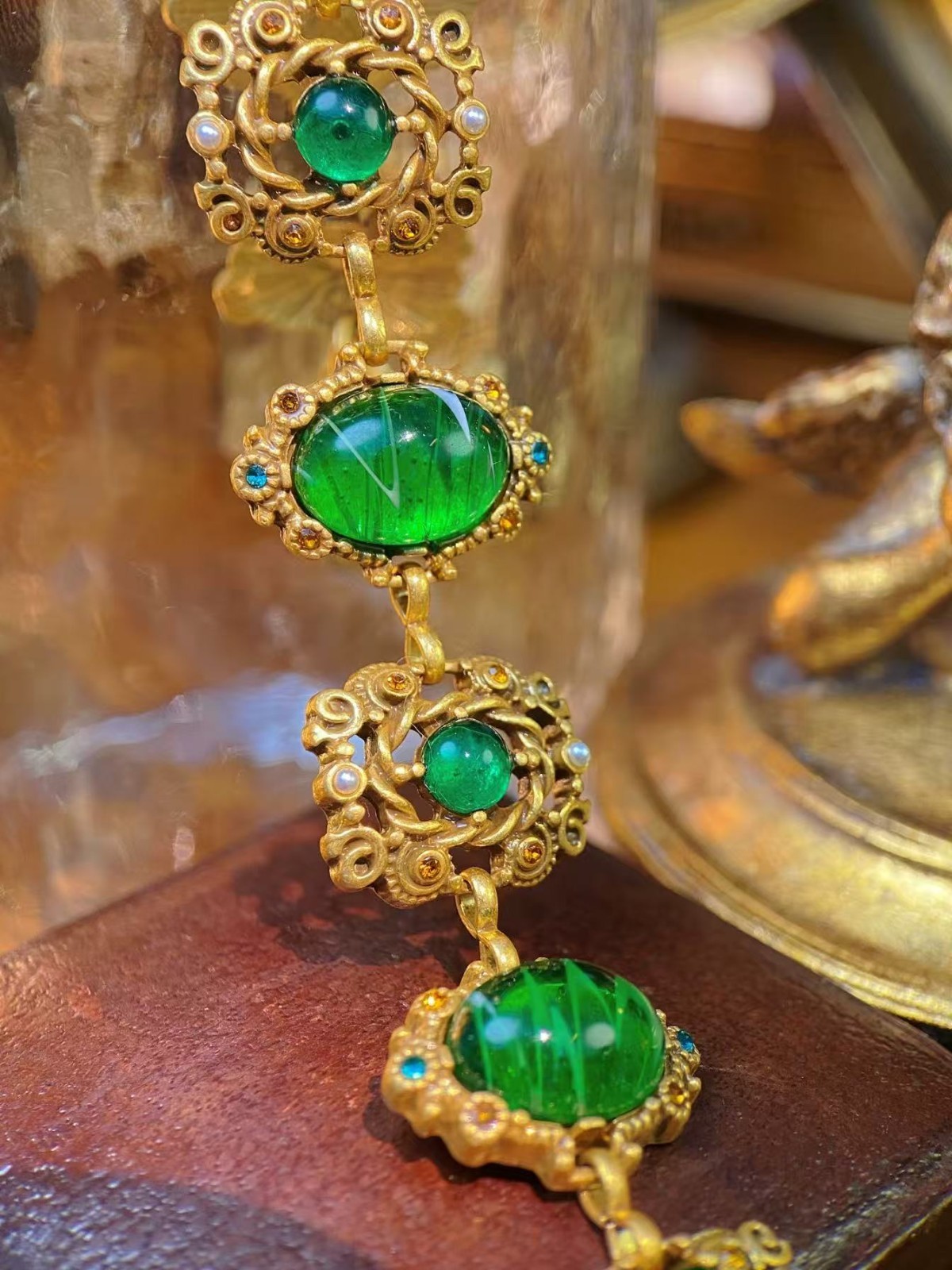 Vintage Emerald Green Statement Necklace & Bracelet Set Gold Filigree Jewelry