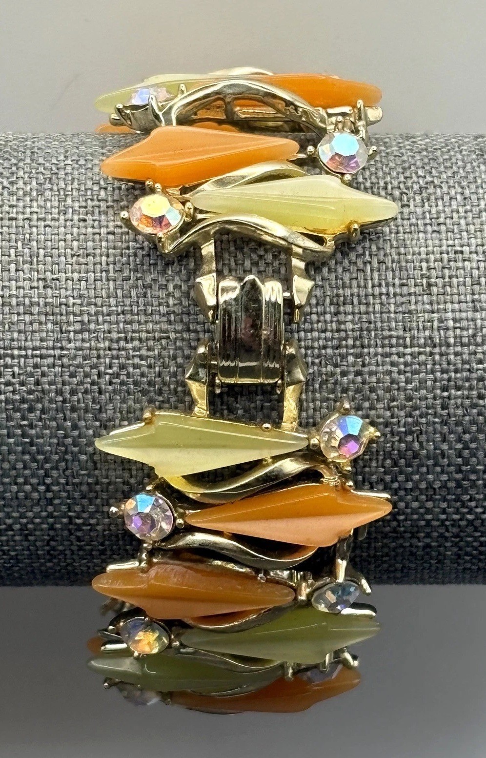 VTG Thermoset Green Orange Leaf Mod Bracelet Aurora Borealis AB Rhinestone