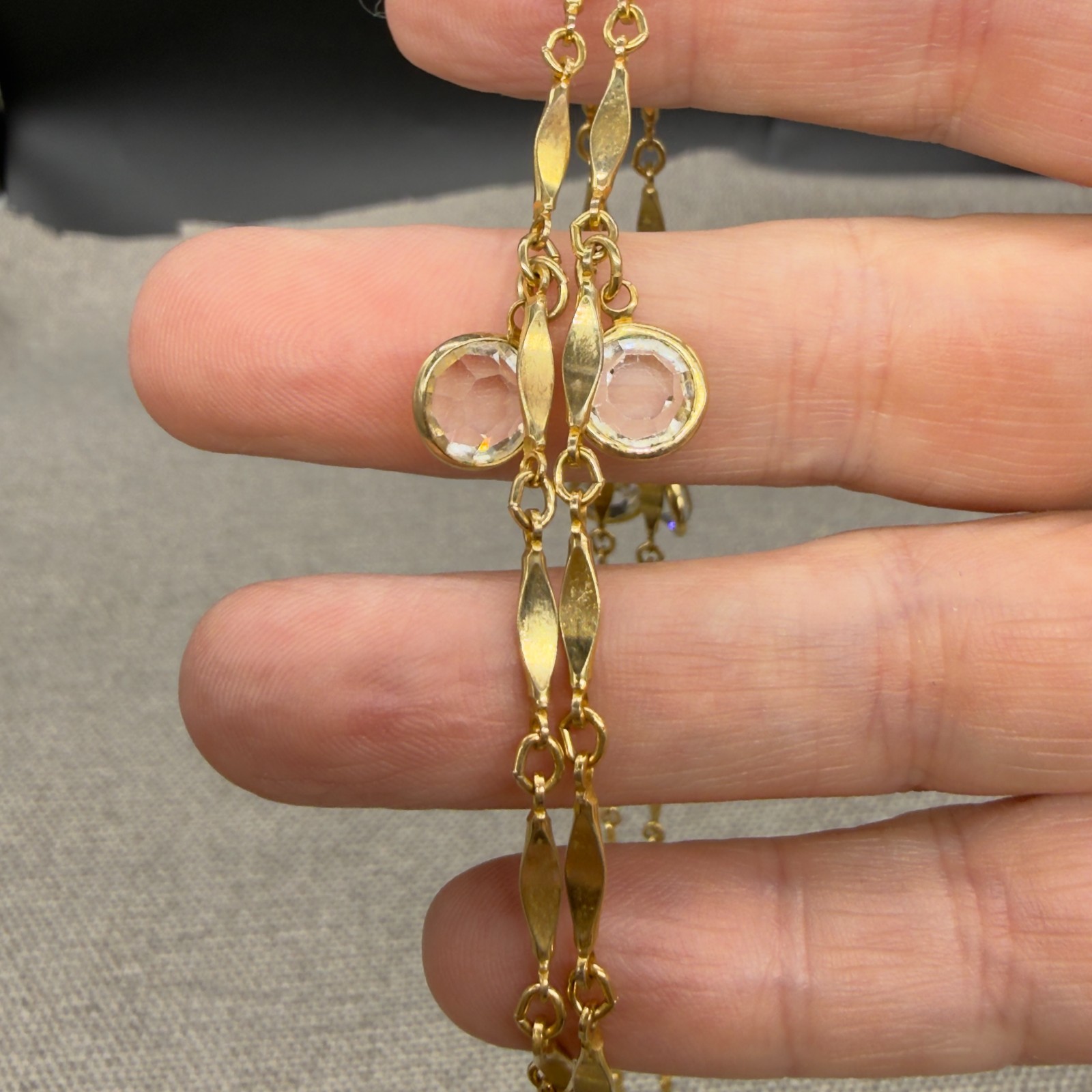 Vintage Station Necklace Gold Tone Bezel Set Crystals Opera Length 50 Inch