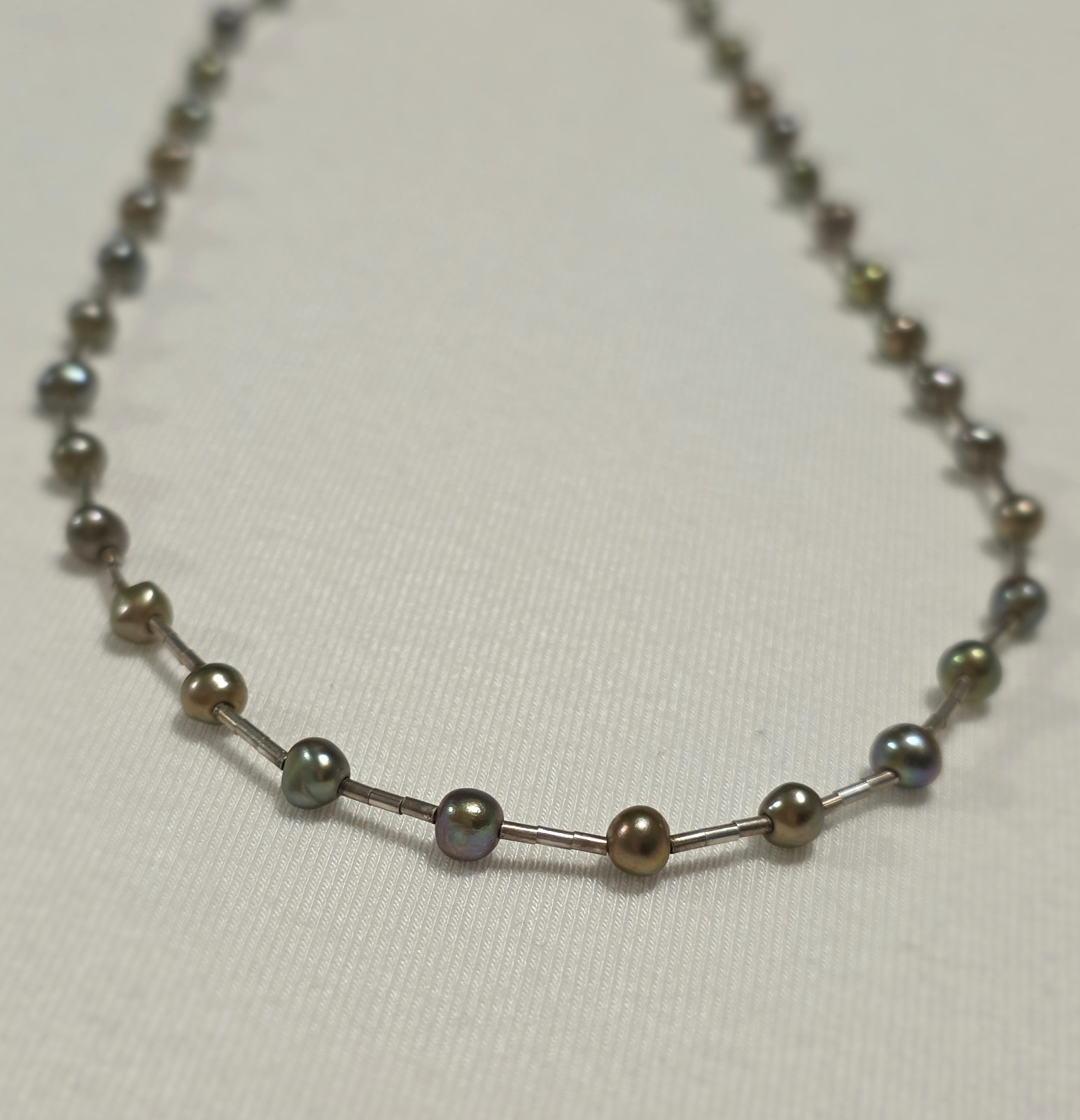 925 Sterling Silver Peacock Pearl Station Necklace 16″ Taxco Style Vintage