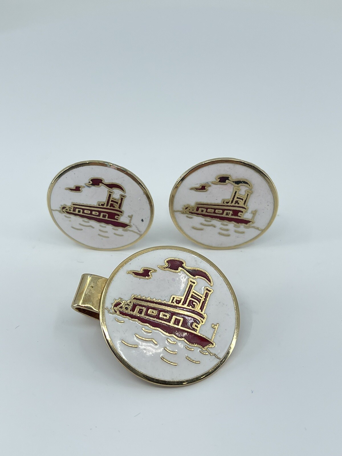 Mr Tara River boat cufflinks and tie clip set red gold white enamel 1″