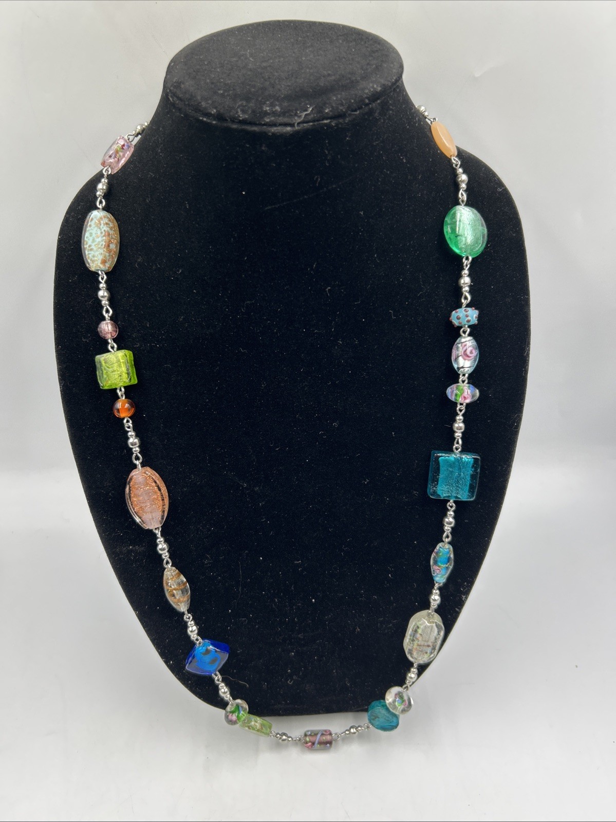 VTG Premier Design Art Glass Beaded Necklace Silver Tone Signed 30”w/2”