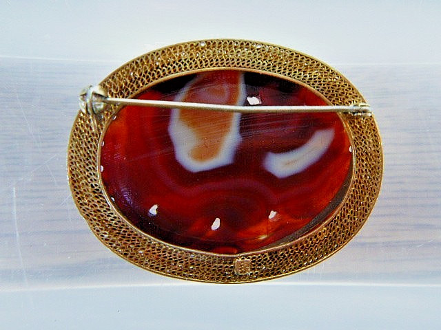 Antique Chinese Export Gilt Silver Carved Carnelian Flower Filigree Pin Brooch